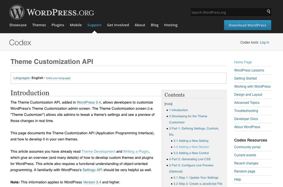 Der Theme Customizer von WordPress – detailliertere Informationen wie immer im WordPress Codex. (Screenshot: WordPress Codex)