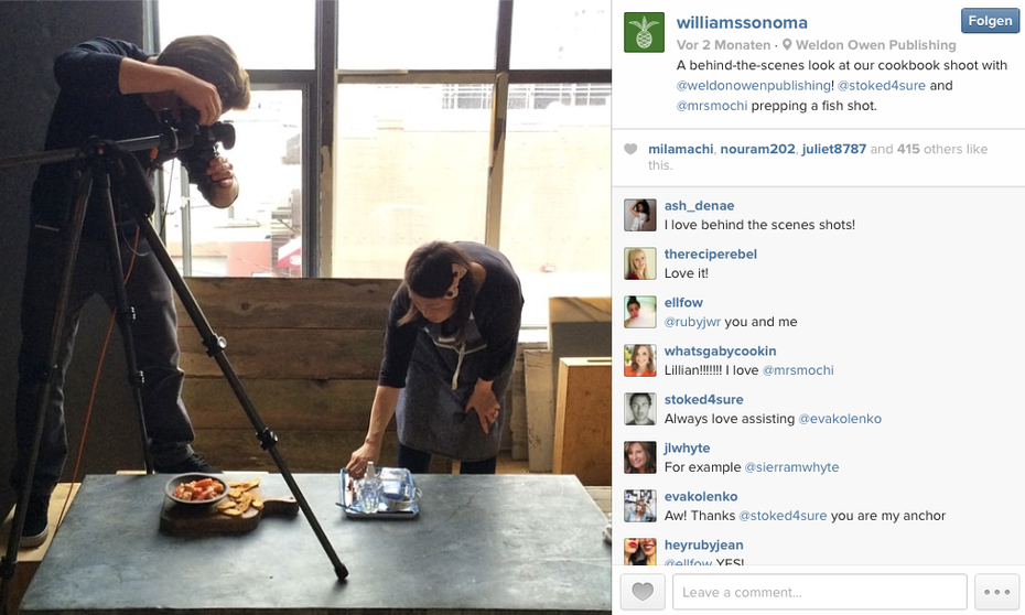 "Backstage" mit einem Foto vom Shooting für das neue Kochbuch. Diese Art von Post beleuchtet die menschliche Seite Deines Shops und verbindet den User mehr mit Dir oder Deinem Unternehmen. (Screenshot: http://instagram.com/williamssonoma)