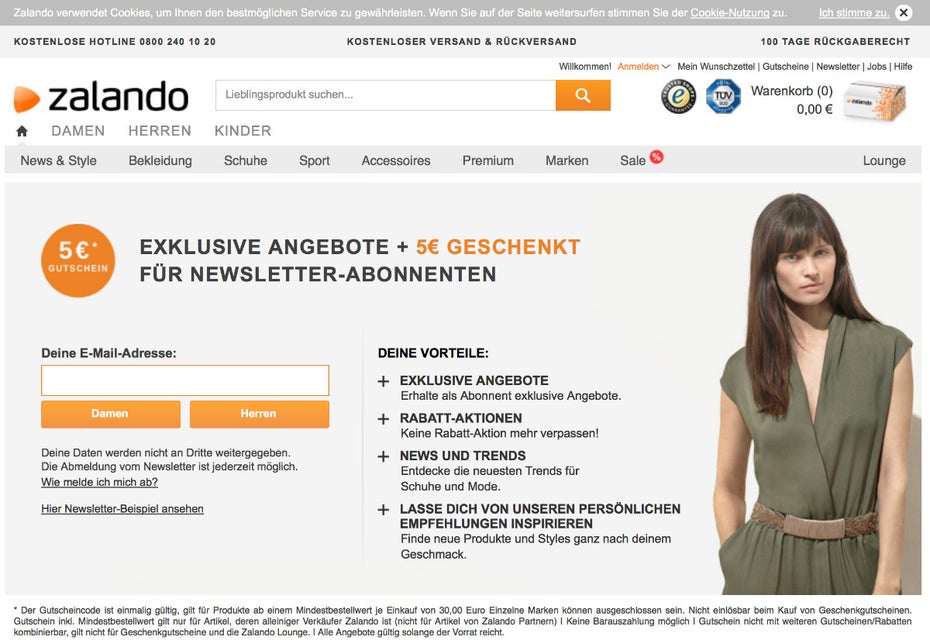 Bei Zalando erhalten Newsletter-Abonnenten einen Einkaufsgutschein. (Screenshot: Zalando)