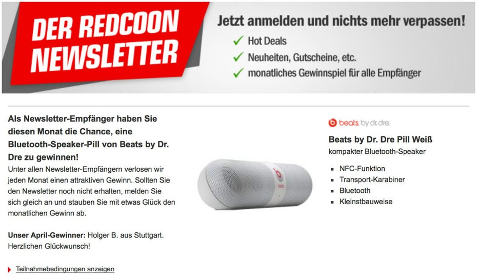 Redcoon macht den eigenen Newsletter mit einem monatlichen Gewinnspiel schmackhaft. (Screenshot: Redcoon)