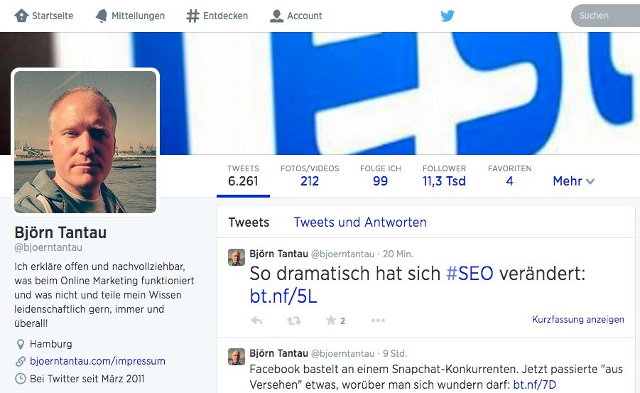 Björn Tantau über die perfekte Twitter-Biografie. (Screenshot: Twitter)