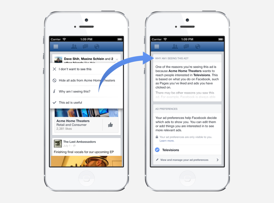 Mit dem neuen Feature namens Ad Preferences sollen Nutzer auswählen können, welche Facebook-Werbung für sie relevant ist und welche sie nicht mehr angezeigt bekommen möchten. (Bild: Facebook)