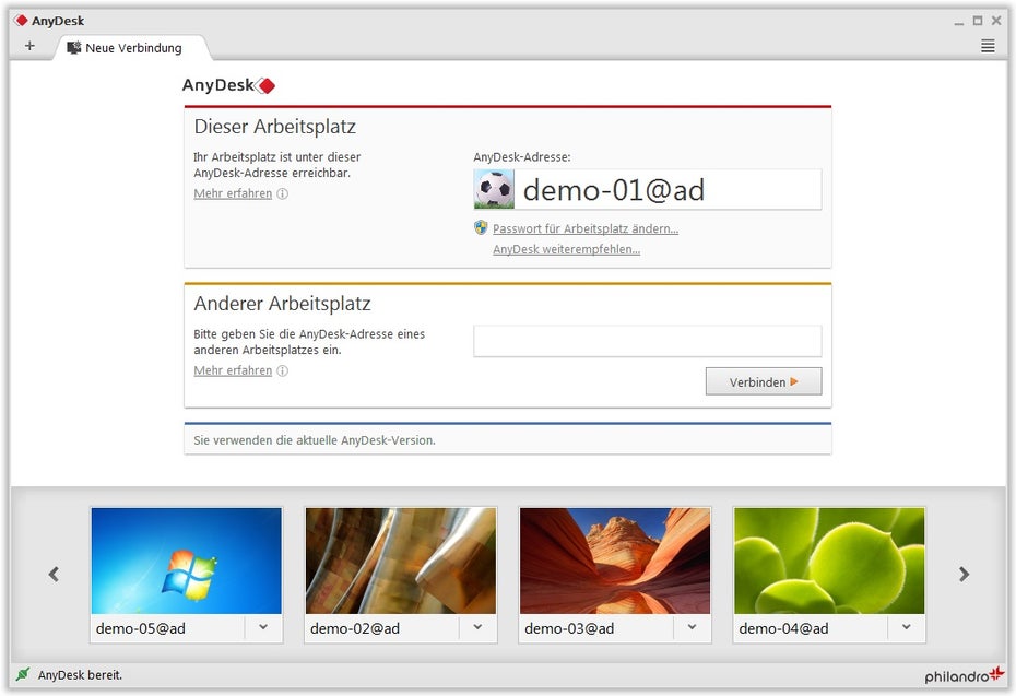 Die Oberfläche orientiert sich am Look eines Browsers. Zum Verbinden brauchen die Nutzer nur eine alphanumerische ID eingeben. (Quelle: AnyDesk)