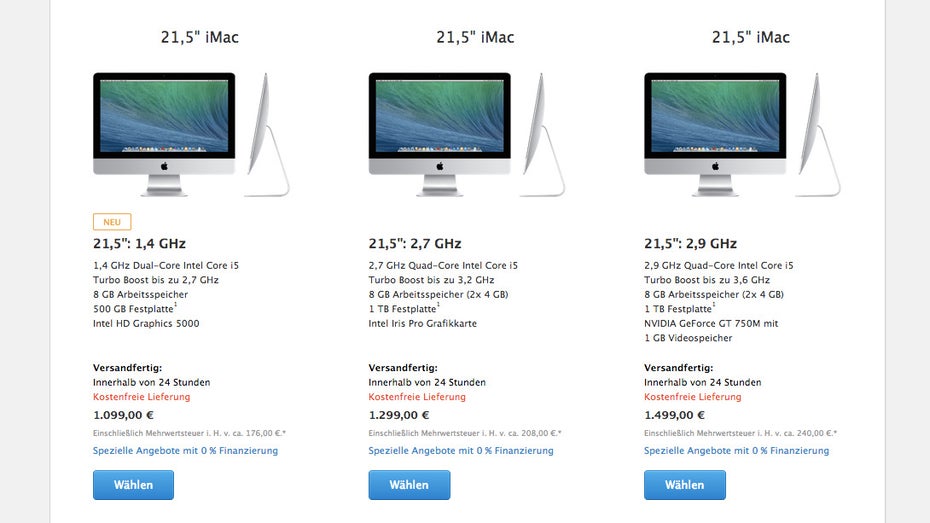 Apple iMac: Das günstige Einstiegsmodell richtet sich nicht anspruchsvolle Nutzer. (Screenshot: Apple-Store)