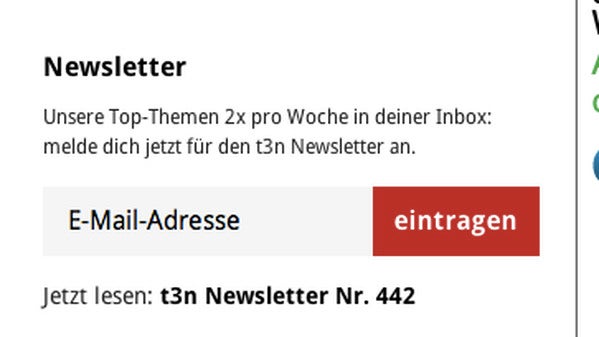 Call to Action: Besucher sollten sich schnell und unkompliziert für euren Newsletter eintragen können. (Screenshot: t3n)