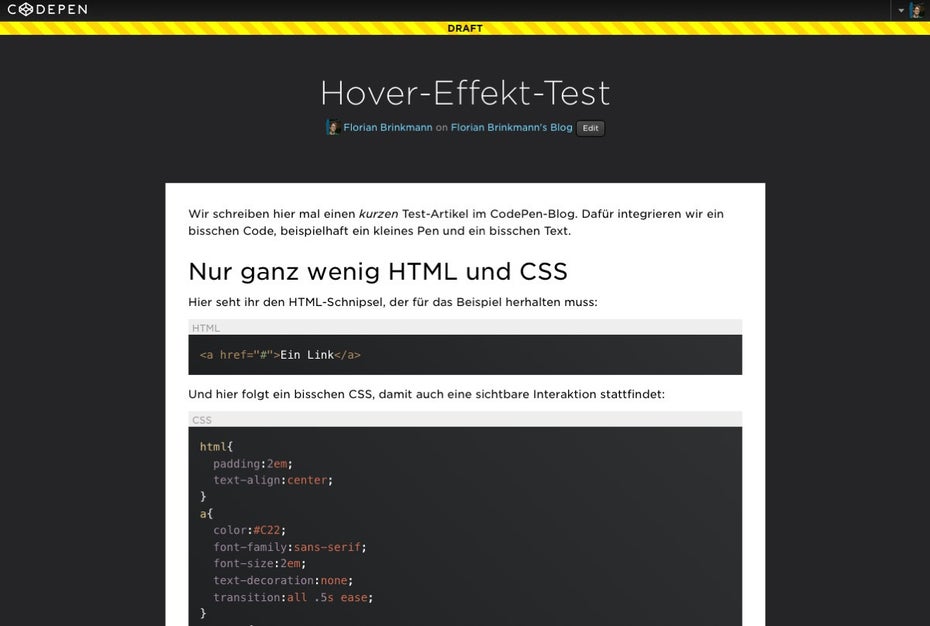 So sieht ein Blogpost im Standard-Design aus. (Screenshot: CodePen)