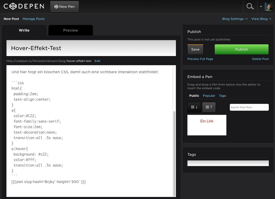 So sieht ein kleiner Beispielartikel im CodePen-Editor aus. (Screenshot: CodePen)
