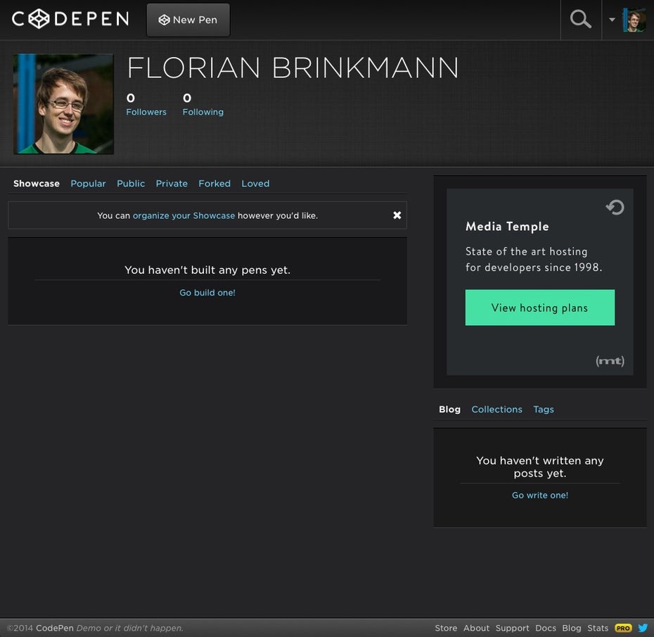 Auf eurer Profilseite bei CodePen findet ihr den Bereich „Blog“ in der unteren rechten Ecke. (Screenshot: CodePen)