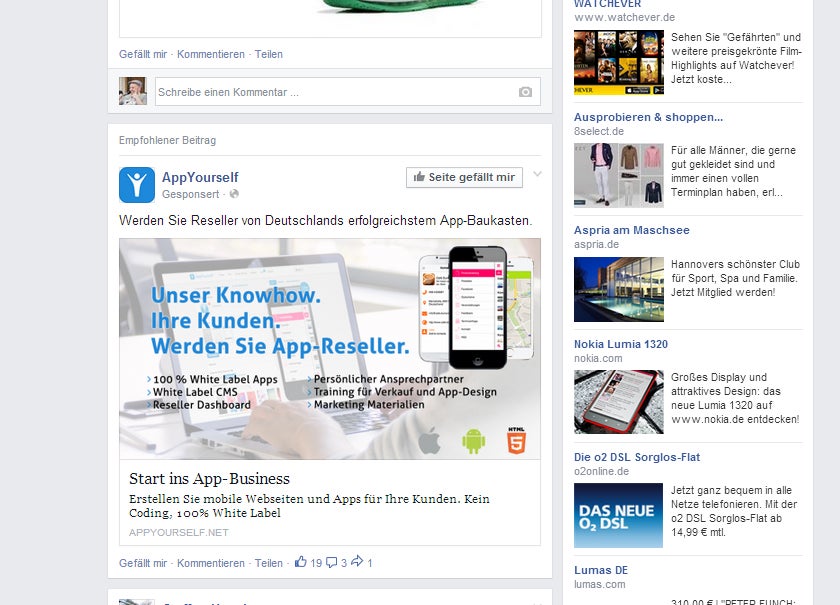 Anzeigen im Facebook-Newsfeed. (Screenshot: facebook.com)