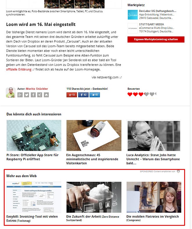 Outbrain-Anzeigen bei t3n.de. (Screenshot: t3n.de)