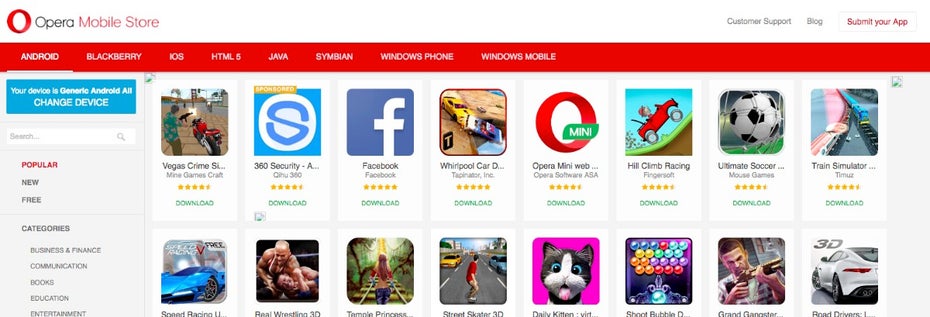 Auch der Browser-Hersteller Opera bietet Android-Apps an. (Screenshot: Opera)