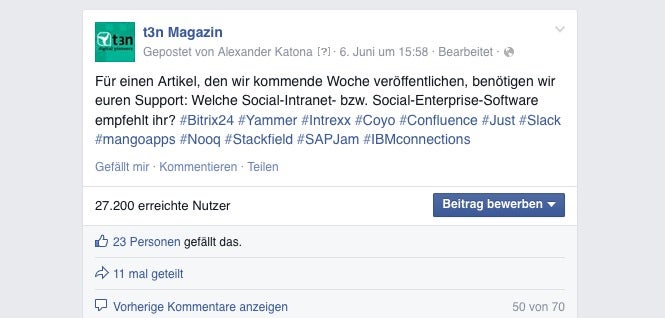 Gut angenommen: Unsere Vor-Umfrage auf Facebook zu Social-Intranet-Tools. (Screenshot: Facebook)