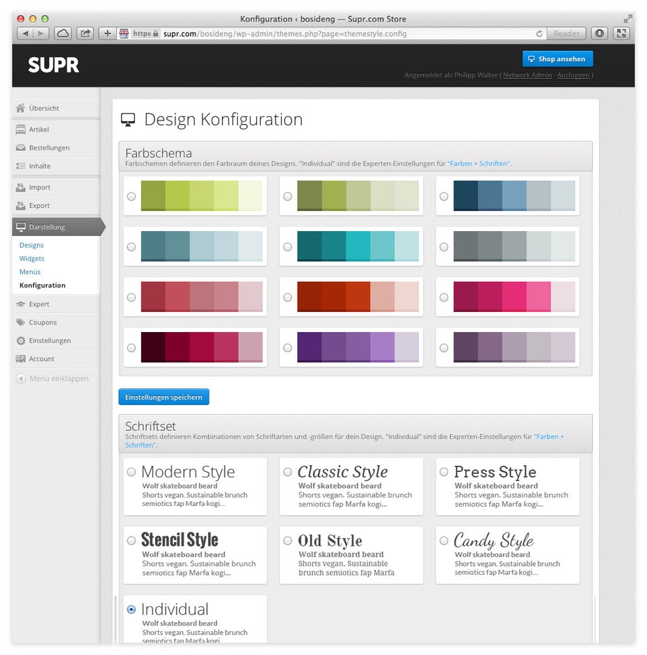 Konfigurtionsmenü für Design-Anpassungen.(Screenshot: SUPR)