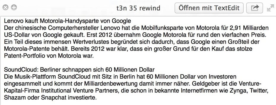 Mit dem folgenden Befehl könnt ihr aktivieren, dass ihr Text direkt aus der Schnell-Vorschau kopieren könnt: „defaults write com.apple.finder QLEnableTextSelection -bool TRUE“. Damit die Änderung wirksam wird ist ein Neustart des Finders nötig: „killall Finder“.