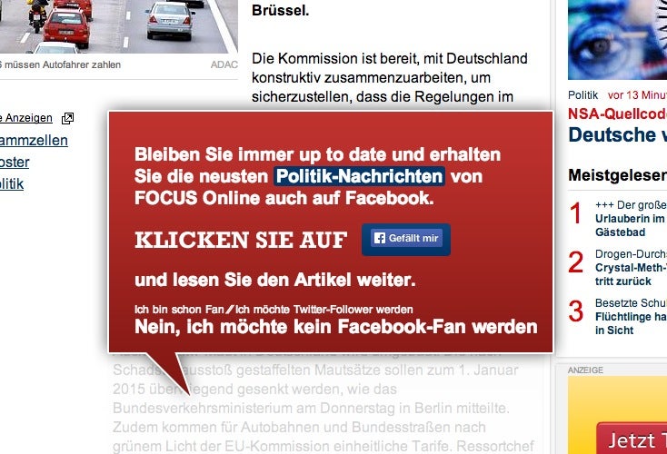 Pop-up auf Focus Online. (Screenshot: focus.de)