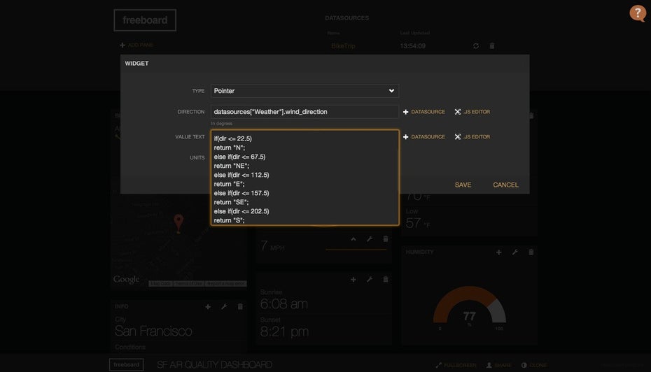 Freeboard: Die Erstellung eigener Dashboards geht mit Freeboard schnell von der Hand. (Screenshot: Freeboard.io)