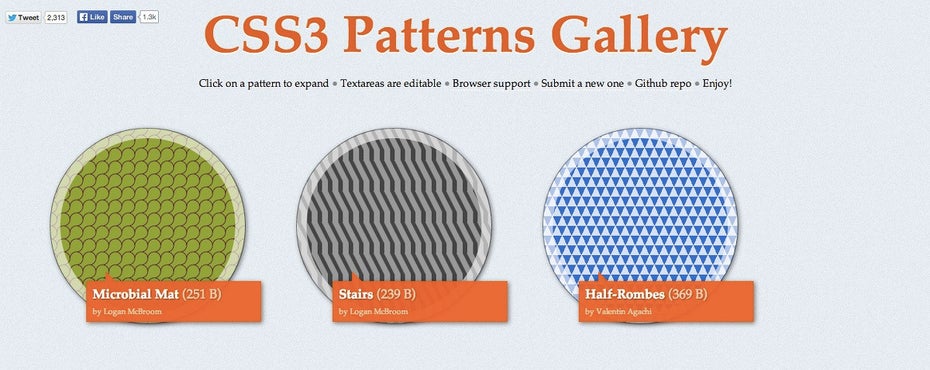 Wer interessante CSS3-Pattern sucht, könnte hier fündig werden. (Screenshot: CSS3 Pattern Gallery)