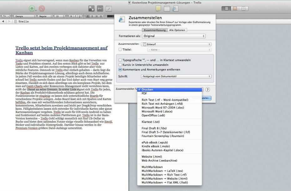 Zum Bereitstellen des fertigen Textes bietet Scrivener eine Vielzahl unterschiedlicher Ausgabeformate.
