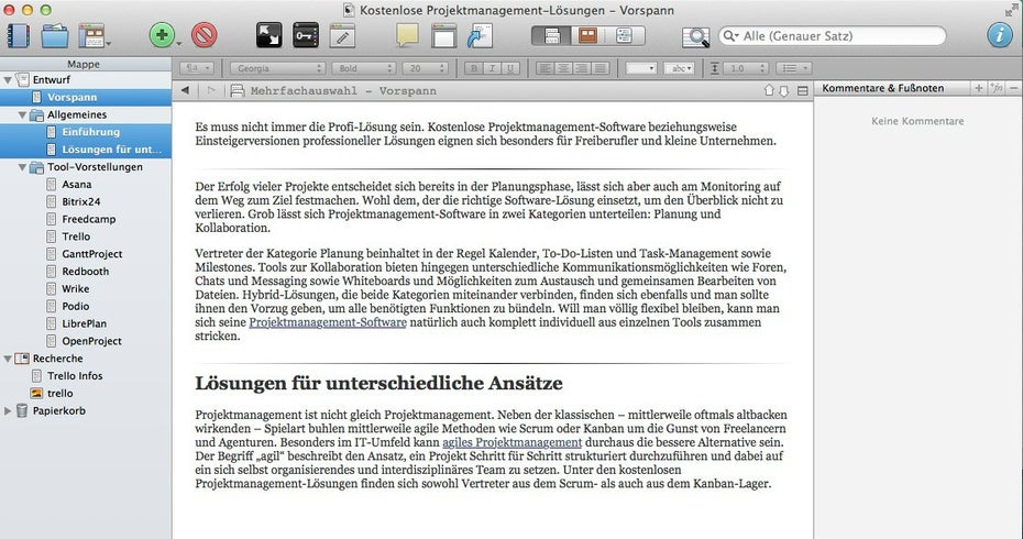 Scrivener erlaubt auch das Bearbeiten von mehreren Textbausteinen gleichzeitig.