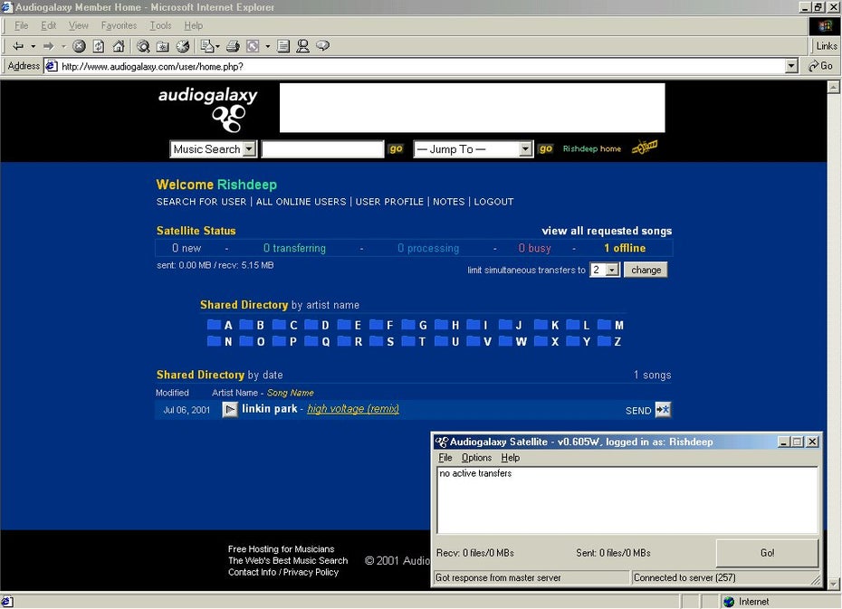 Audiogalaxy: Einer der ersten Filesharing-Dienste. (Quelle: homepage.ntlworld.com)