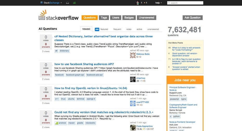 Die Fragen-Übersicht von Stack Overflow: Hochwertiger und technisch anspruchsvoller Rat. (Screenshot: stackoverflow.com)