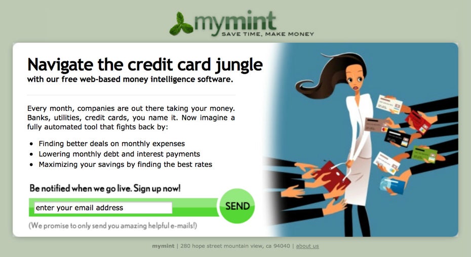 Mit vielen solcher Landingpages baute das Startup Mint schon vor dem Launch eine große Newsletter-Community auf. (Screenshot: Mint)