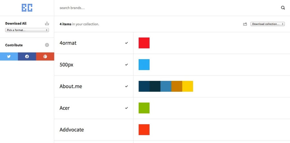 BrandColors zeigt Farbschemen von 261 Marken und ermöglicht das Suchen darin und das Erstellen von Kollektionen. (Screenshot: BrandColors)