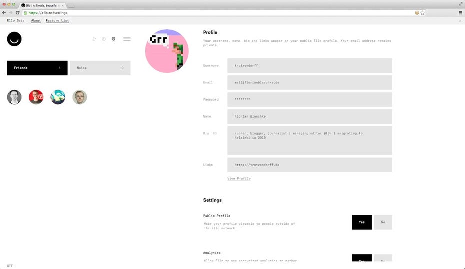 In den Einstellungen können Ello-Nutzer auch angeben, ob Nutzungsdaten erhoben werden sollen. (Screenshot: Ello)