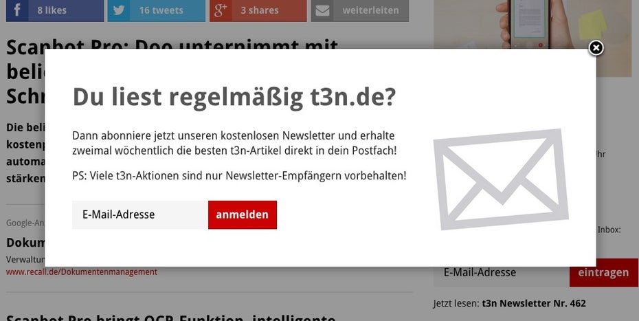 Exit-Intent-Popup auf t3n.de. (Screenshot: t3n)