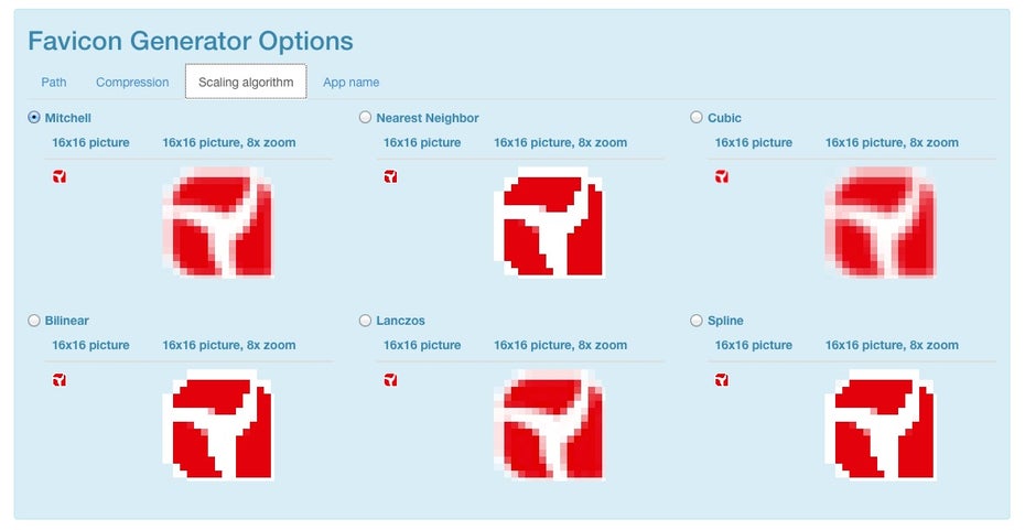 Der Favicon-Generator bietet die Möglichkeit, den Skalierungs-Algorithmus zu wählen. (Screenshot: RealFaviconGenerator.net)