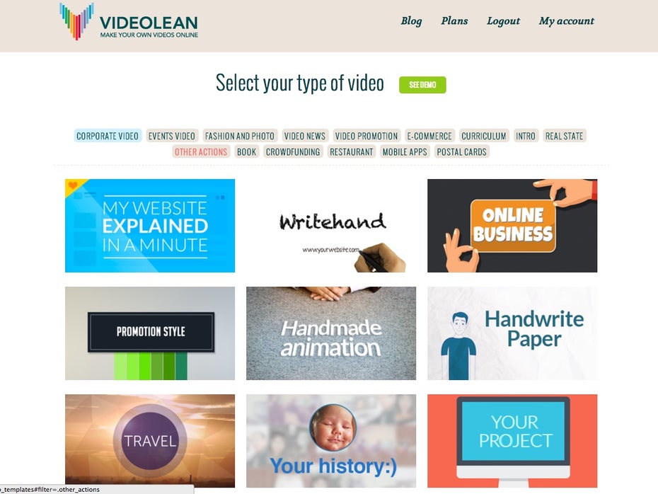 Fast 50 Templates stehen zur Erstellung von Marketing-Videos bei VideoLean zur Verfügung. (Screenshot: VideoLean)