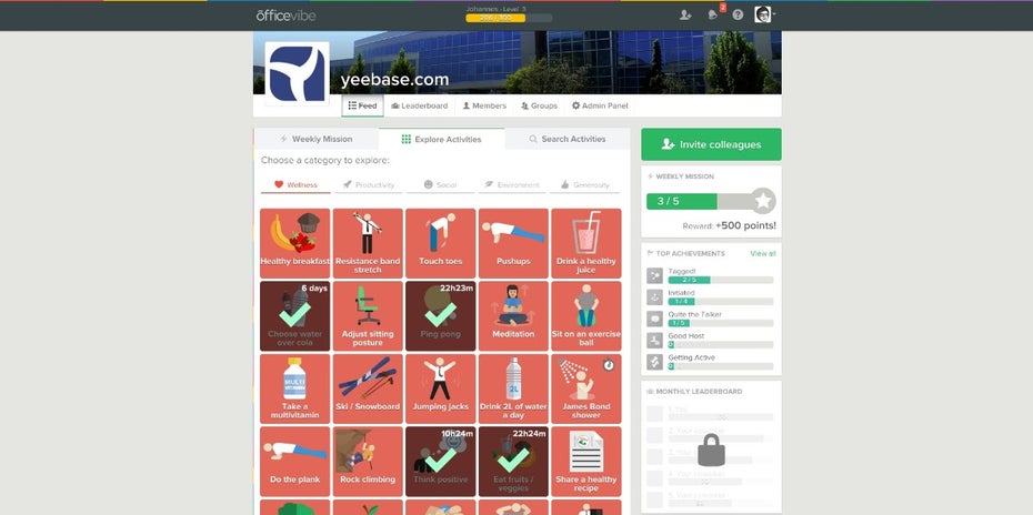 Aus fünf verschiedenen Kategorien können Aktivitäten ausgewählt werden. Von Haus aus sind mehr als 250 schon dabei. (Screenshot: Officevibe)