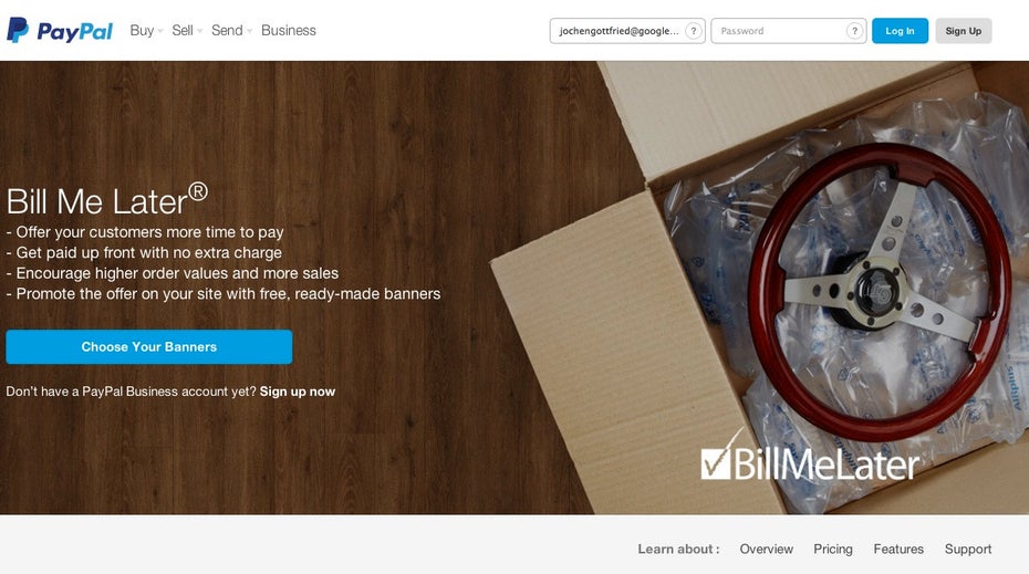 Paypal-Einkäufe auf Rechnung abwickeln.(Screenshot: billmelater.com)