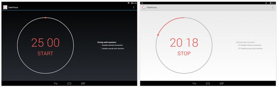 Pomodoro-App für Android: ClearFocus kombiniert grunlegenden Funktionen mit einem einfachen Design. (Screenshot: Play-Store)