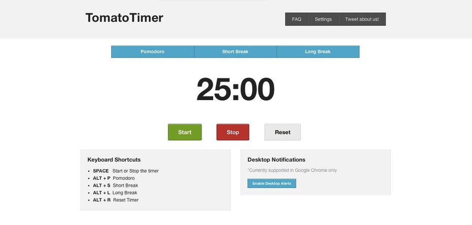 Pomodoro-Timer gibt es auch als einfache Web-Apps. (Screenshot: TomatoTimer)
