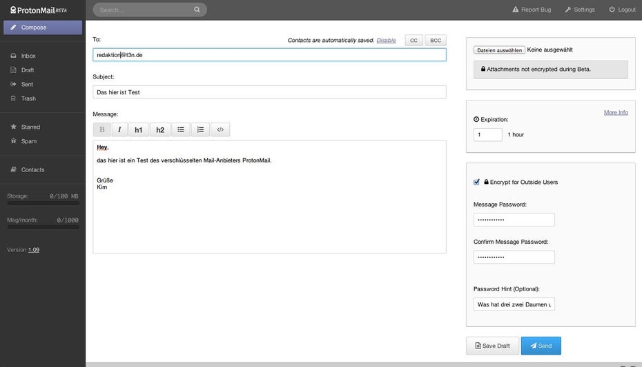 ProtonMail bietet alle Features, die man von einem Web-Mail-Anbieter erwarten würde. (Screenshot: ProtonMail)