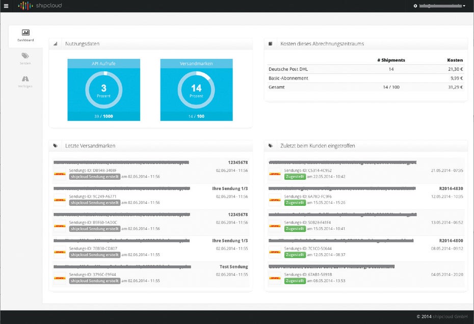 Das Dashboard. (Screenshot: Shipcloud)