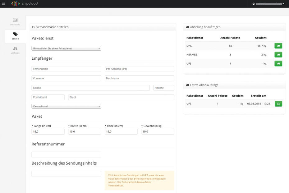 Erstellung einer Versandmarke im Webinterface.(Screenshot: Shipcloud)