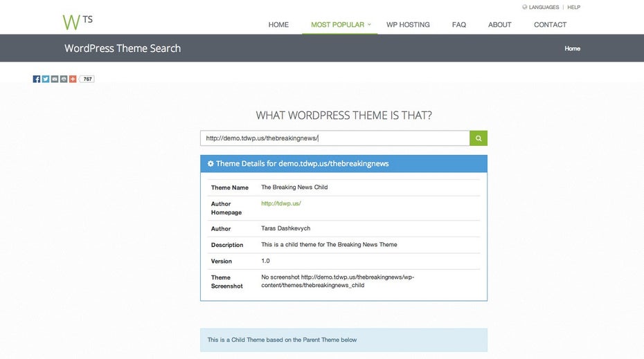 WordPress Theme Search und WPThemeDoctor liefern euch zusätzliche Informationen zu erkannten WordPress-Themes. (Screenshot: WordPress Theme Search)