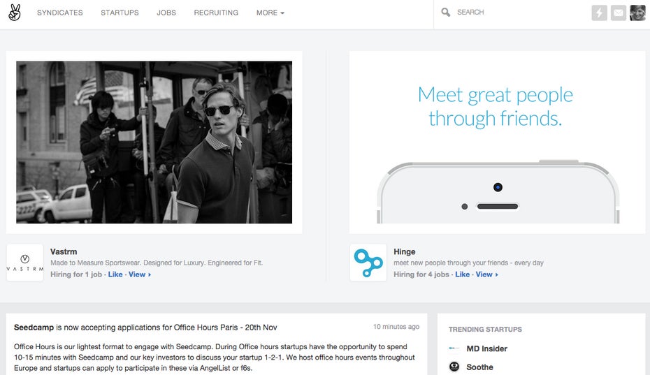 Beliebte Startups, Jobs und Aktivitäten werden auf der Startseite angezeigt. (Screenshot: AngelList).