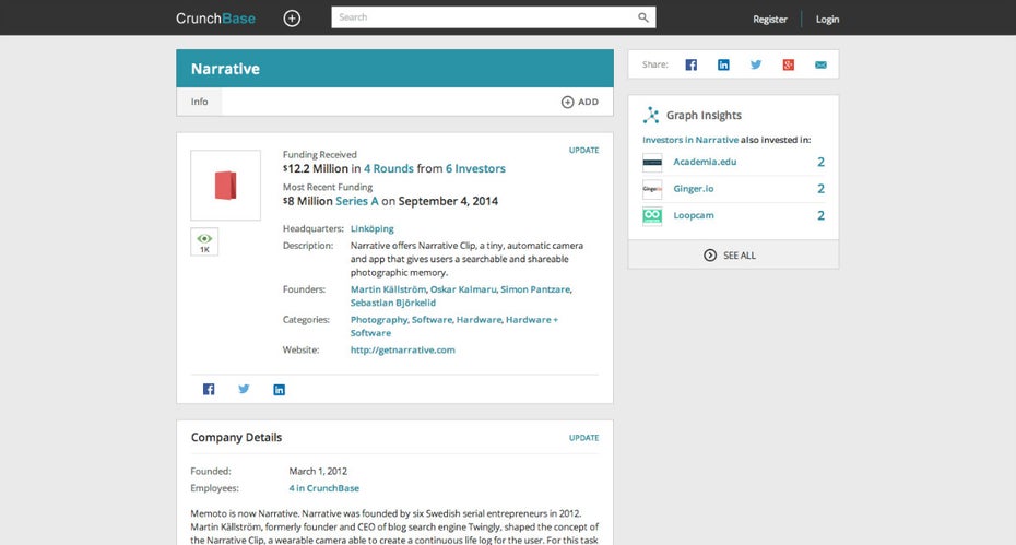 Das CrunchBase-Profil von Narrative. (Screenshot: t3n)