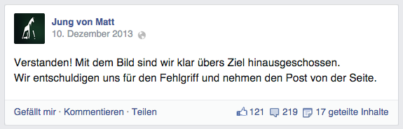 So kann man auf Social-Media-Marketing-Fails reagieren: Jung von Matt entschuldigte sich schnell und aufrichtig. (Screenshot: Facebook)