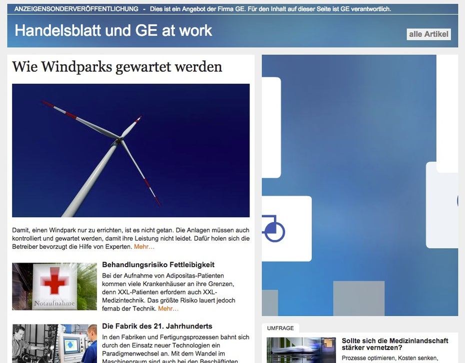 Die Kampagne „Handelsblatt und GE at work“. (Screenshot: handelsblatt.de)