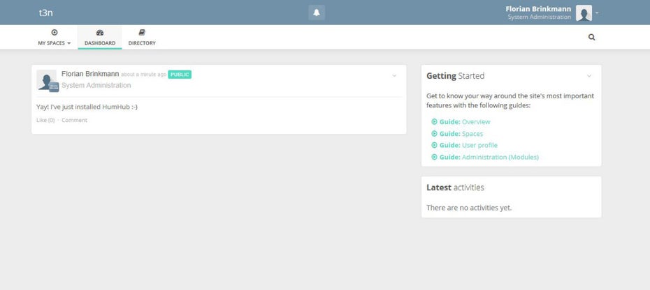 Das Dashboard nach dem ersten Login bei HumHub. (Screenshot: HumHub-Installation)