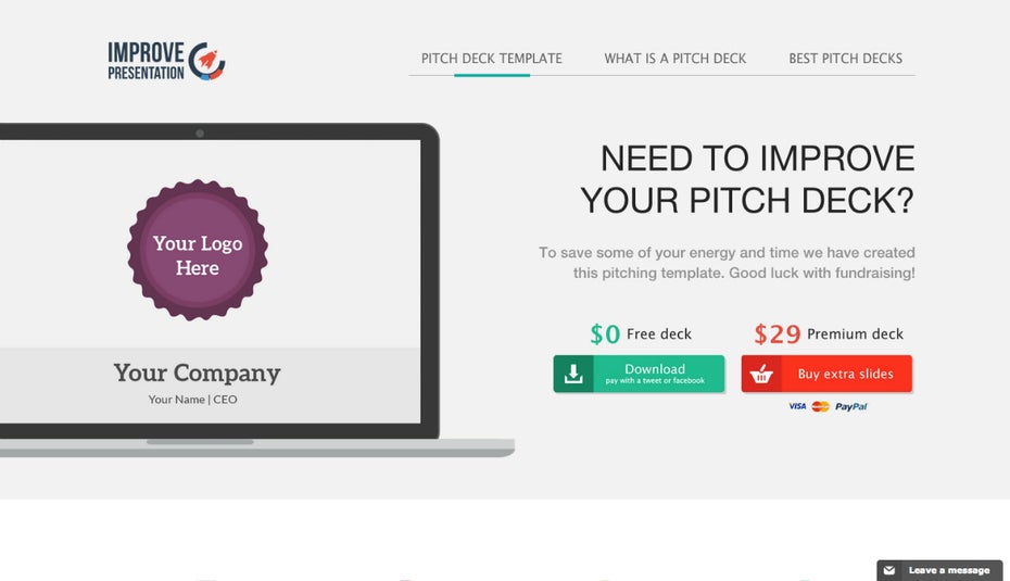 Kostenlose (oder kostenpflichtige) Templates für den Startup-Pitch bietet Improve Presentation an. Wer es schick mag, kommt auf seine Kosten. (Screenshot: t3n)