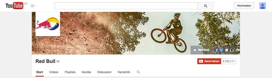 Der Kopf des Kanals von Red Bull. Zu sehen: der Avatar, das Hintergrundbild und weiterführende Links. (Screenshot: youtube.com)