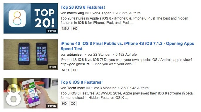 Drei Videos zum Thema „iOS 8“. Gut zu sehen: die umbrechenden Titel sowie die angereicherten Vorschaubilder. (Screenshot: youtube.com)