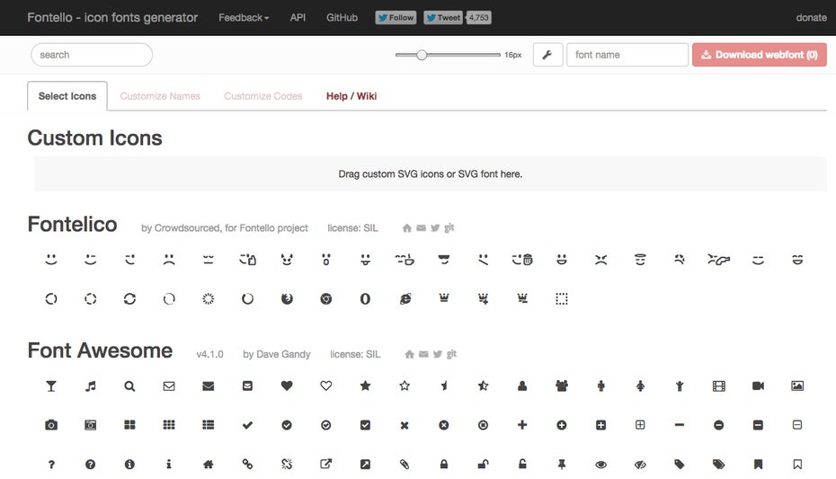 Fontello ähnelt anderen Icon-Font-Generatoren wie IcoMoon oder Fontastic. (Screenshot: Fontello)