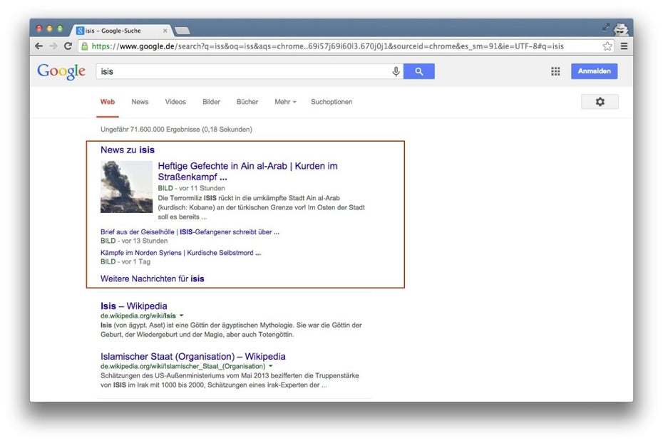 Beispiel einer News-Onebox zum Keyword „ISIS“. (Screenshot: google.de)