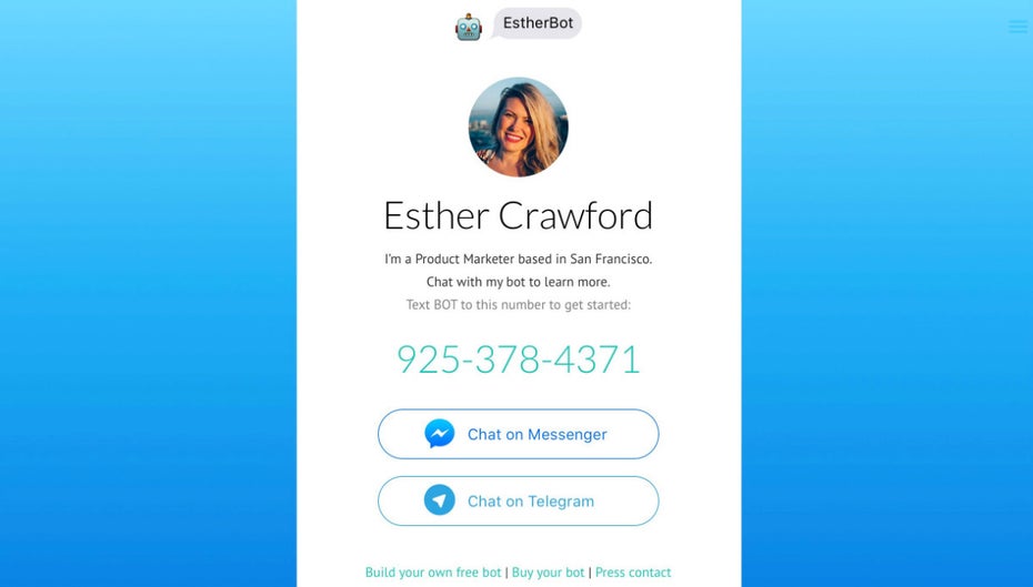 Warum nicht einfach den eigenen Lebenslauf von einem Chat-Bot präsentieren lassen? (Screenshot: Esther Crawford)